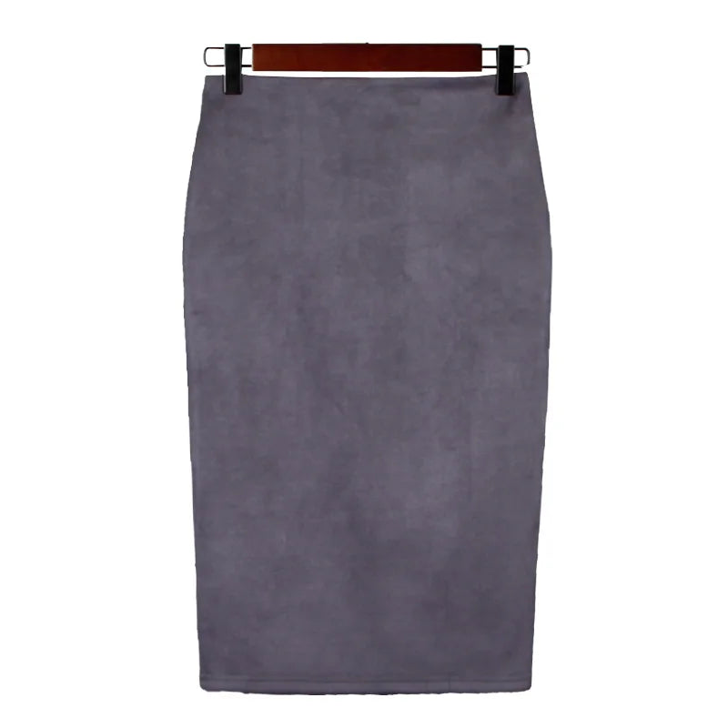 Women Skirts Suede Solid Color Pencil Skirt Female Autumn Winter High Waist Bodycon Vintage Suede Split Thick Stretchy Skirts