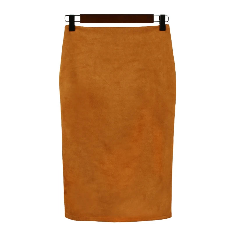 Women Skirts Suede Solid Color Pencil Skirt Female Autumn Winter High Waist Bodycon Vintage Suede Split Thick Stretchy Skirts