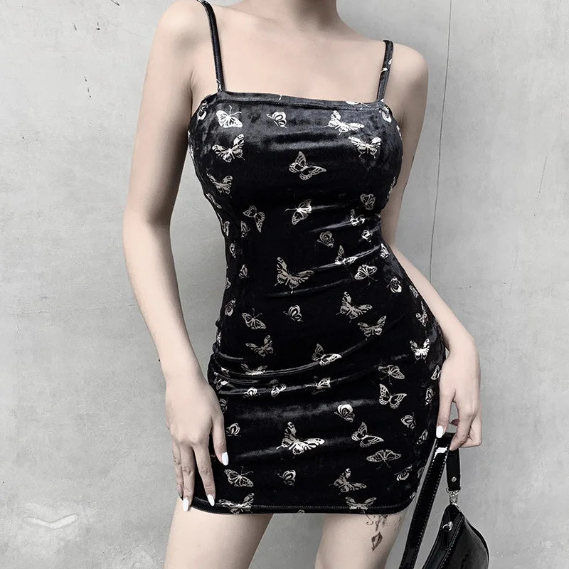 Harajuku Black Dress Women Gothic Spaghetti Strap Backless Off Shoulder Dresses Female Fashion Casual Print Sexy Dress