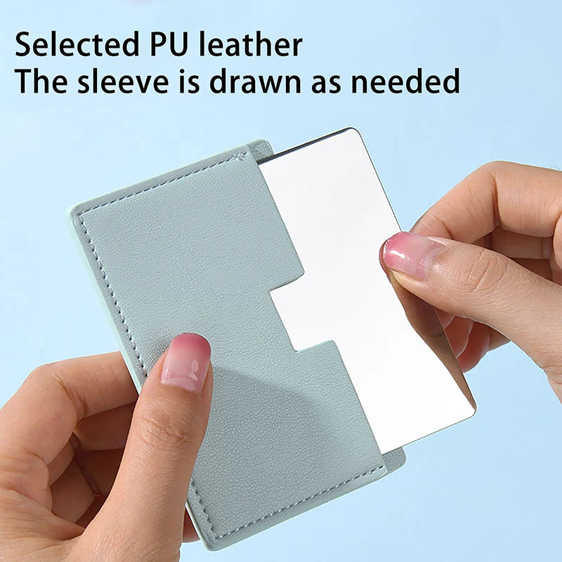 【Portable Mini Unbreakable Makeup Mirror Shatterproof Pocket Cosmetic Mirror PU Leather Stainless Steel Card】
