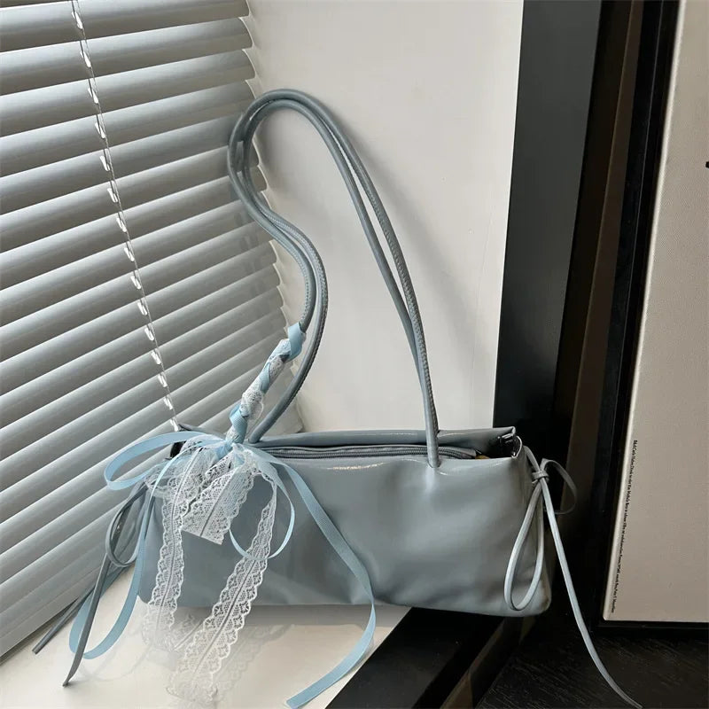 French Elegant Square Bag Korean Bow Decoration Pu High-quality Bag Niche Simple Ballet Style Shoulder Bag New Casual Women Bags