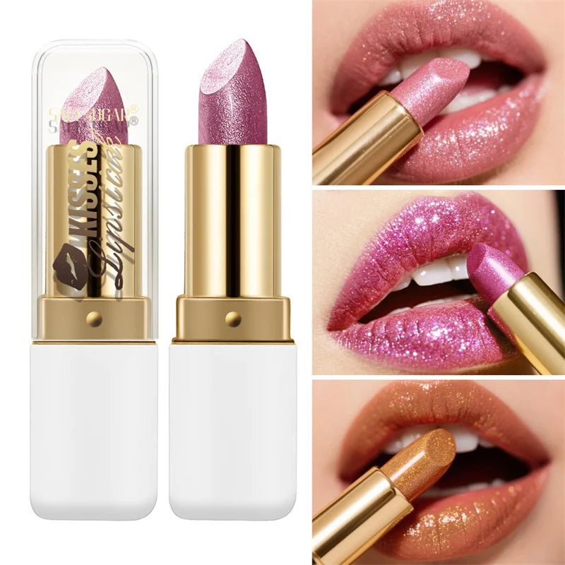 Pearlescent Glitter Lipstick Velvet Sparkling Waterproof Long Lasting Diamond Pearl Shine Lip Gloss Fine Shimmer Sexy Lip Makeup
