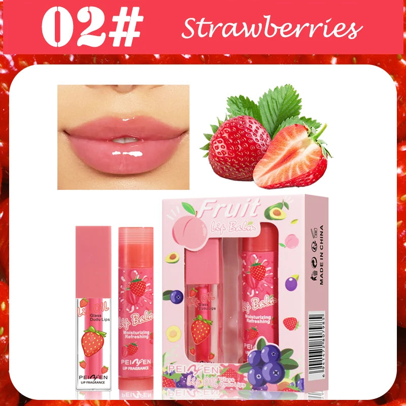 2PCS Lip Oil Lip Balm Set All-Day Long-Lasting Moisturizer Lip Care Plumps Lips Reduces Lip Lines Lipstick & Nourishment