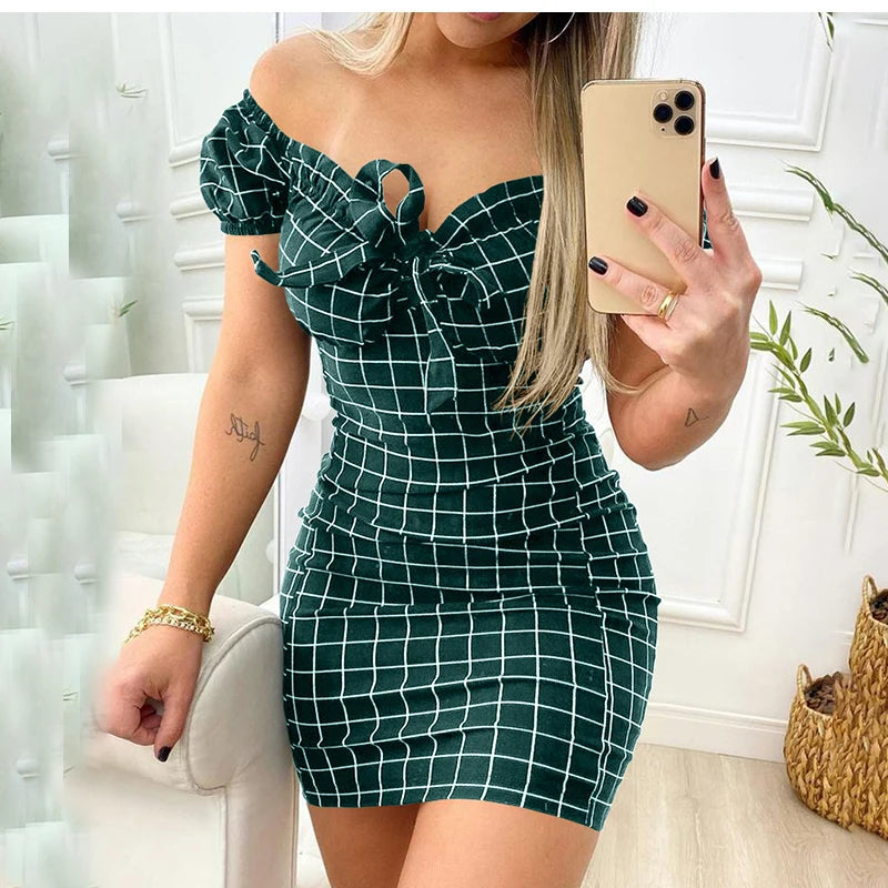 2026 Summer Sexy Off Shoulder Mini Dress Women Fashion Casual Plaid Dresses Bodycon Beach Boho Party Dress For Women Robe Femme