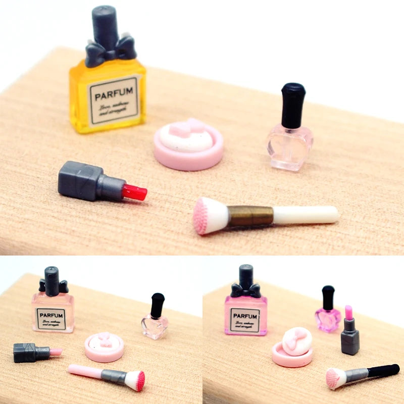 1Set 1:12 Dollhouse Miniature Cosmetic Lipstick Pressed Powder Perfume Makeup Brush Model Dolls Makeup Scene Decor Accessories
