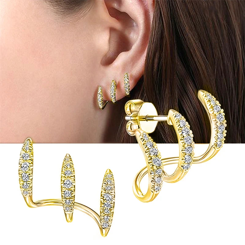 Korean Earing Claw Ear Hook Clip Earrings for Women Four-Prong Setting CZ Gold Color Ear Earrings Fashion Jewelry New Year Gift