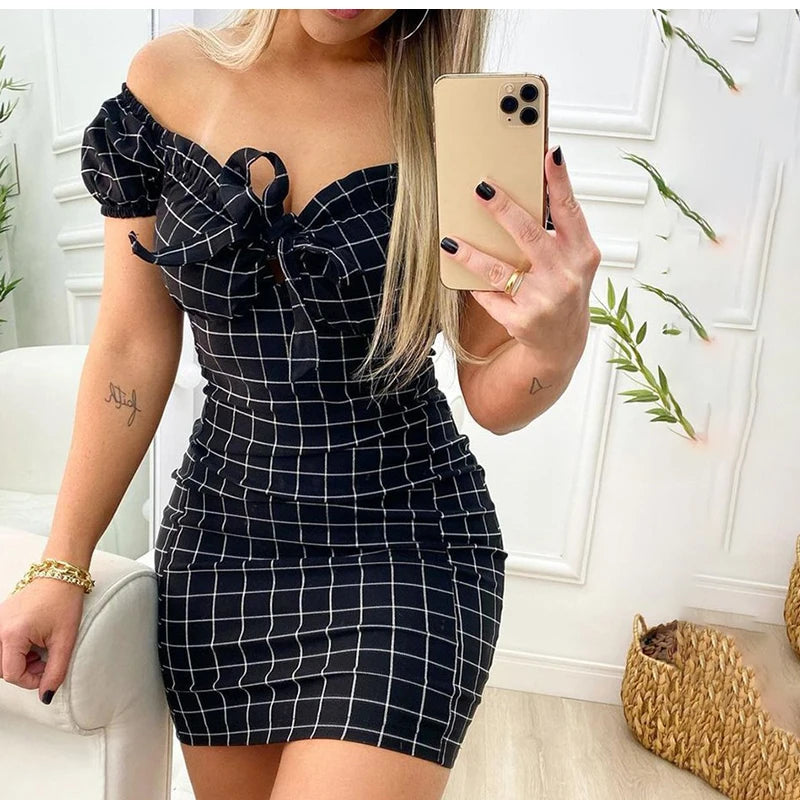 2026 Summer Sexy Off Shoulder Mini Dress Women Fashion Casual Plaid Dresses Bodycon Beach Boho Party Dress For Women Robe Femme