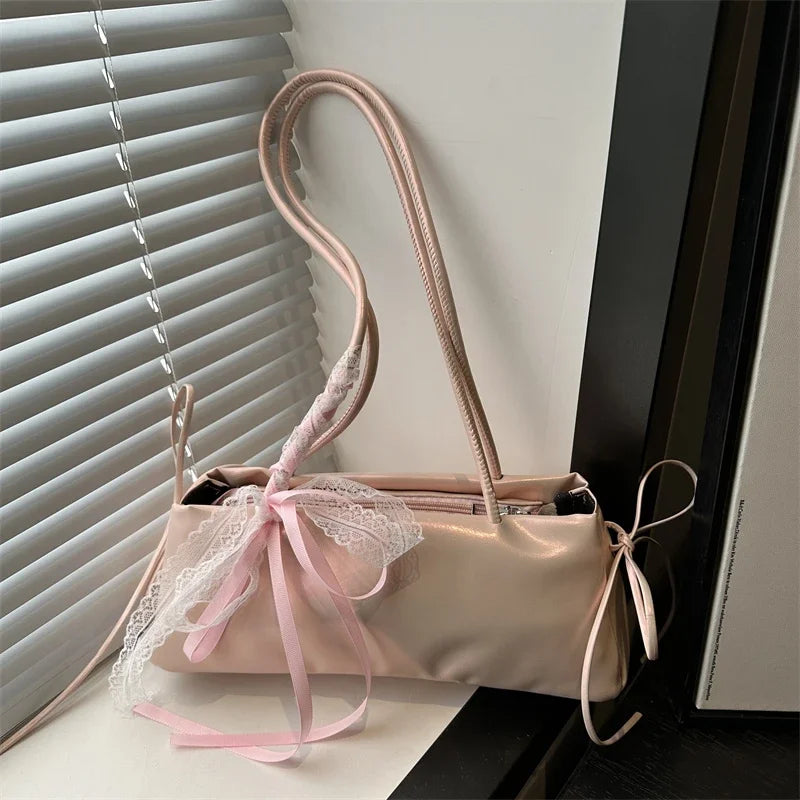 French Elegant Square Bag Korean Bow Decoration Pu High-quality Bag Niche Simple Ballet Style Shoulder Bag New Casual Women Bags
