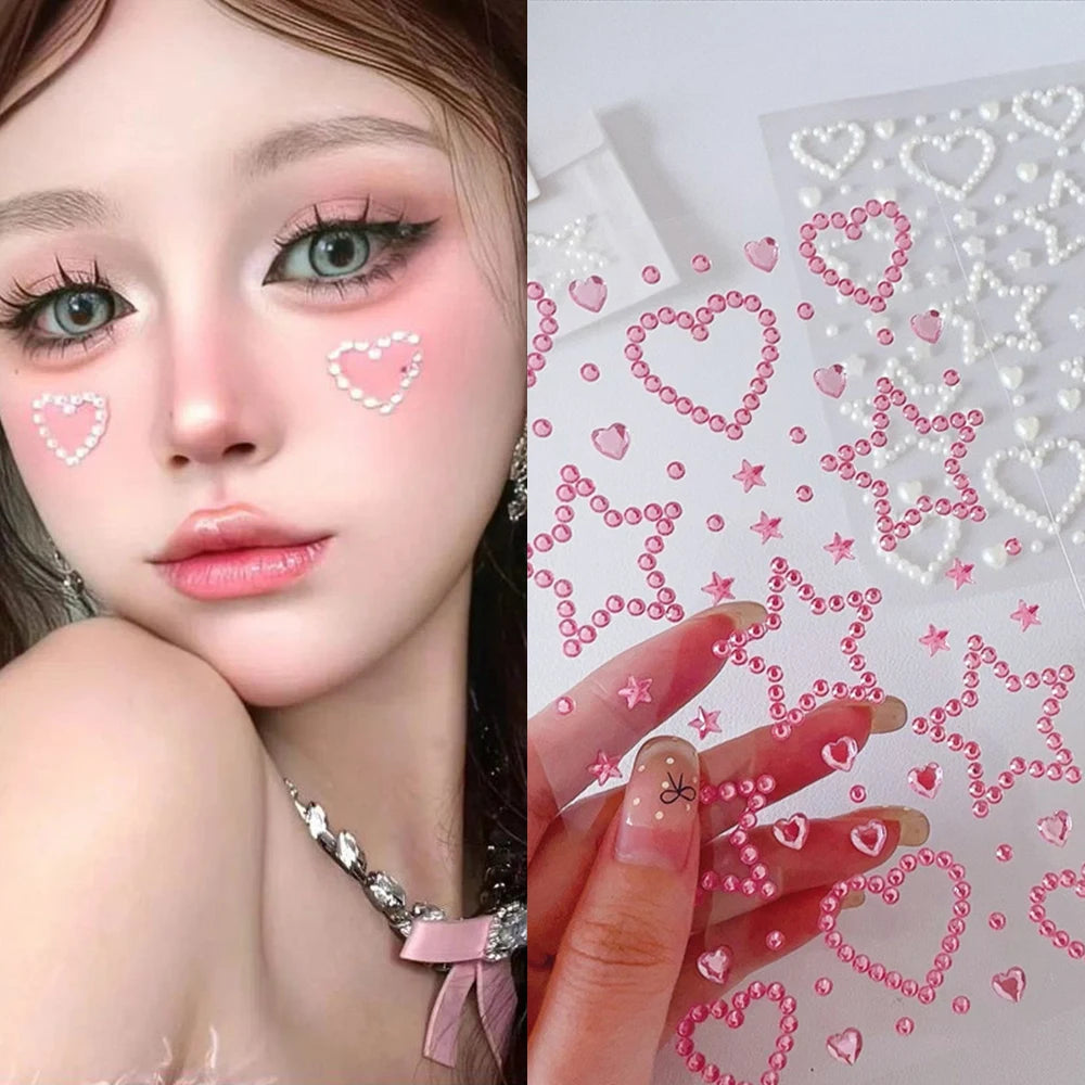 3D Rhinestone Face Sticker Pink Love Heart Glitter Makeup Sticker Artificial Pearl Patch Self Adhesive Crystal Face Jewels Tatoo