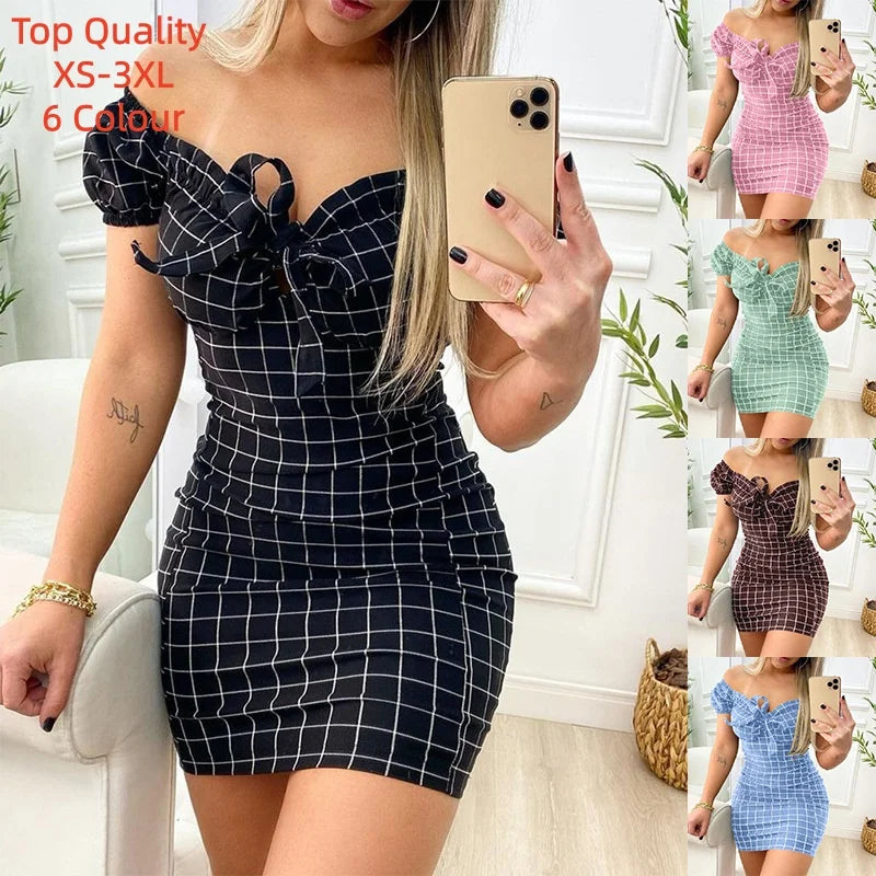 2026 Summer Sexy Off Shoulder Mini Dress Women Fashion Casual Plaid Dresses Bodycon Beach Boho Party Dress For Women Robe Femme
