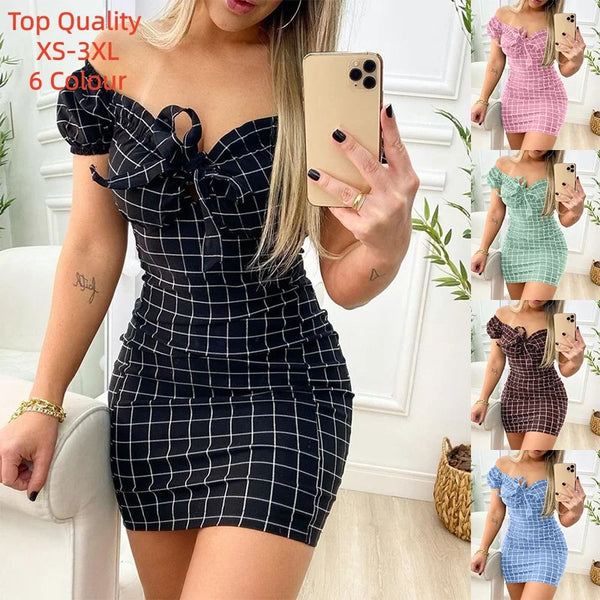 2026 Summer Sexy Off Shoulder Mini Dress Women Fashion Casual Plaid Dresses Bodycon Beach Boho Party Dress For Women Robe Femme
