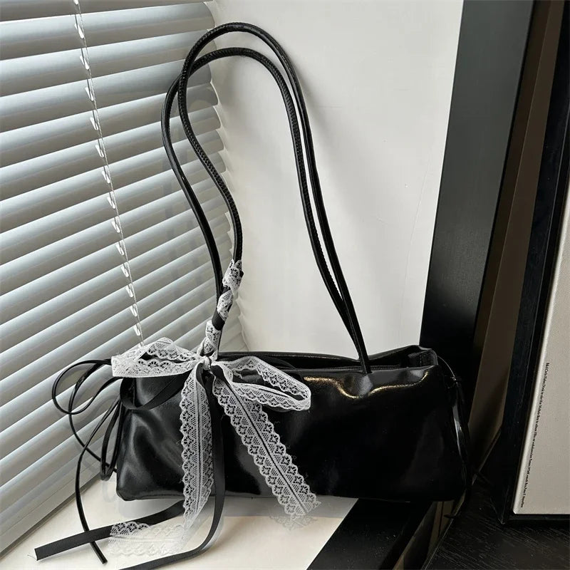 French Elegant Square Bag Korean Bow Decoration Pu High-quality Bag Niche Simple Ballet Style Shoulder Bag New Casual Women Bags