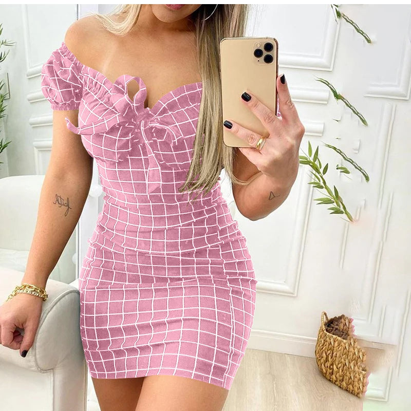 2026 Summer Sexy Off Shoulder Mini Dress Women Fashion Casual Plaid Dresses Bodycon Beach Boho Party Dress For Women Robe Femme