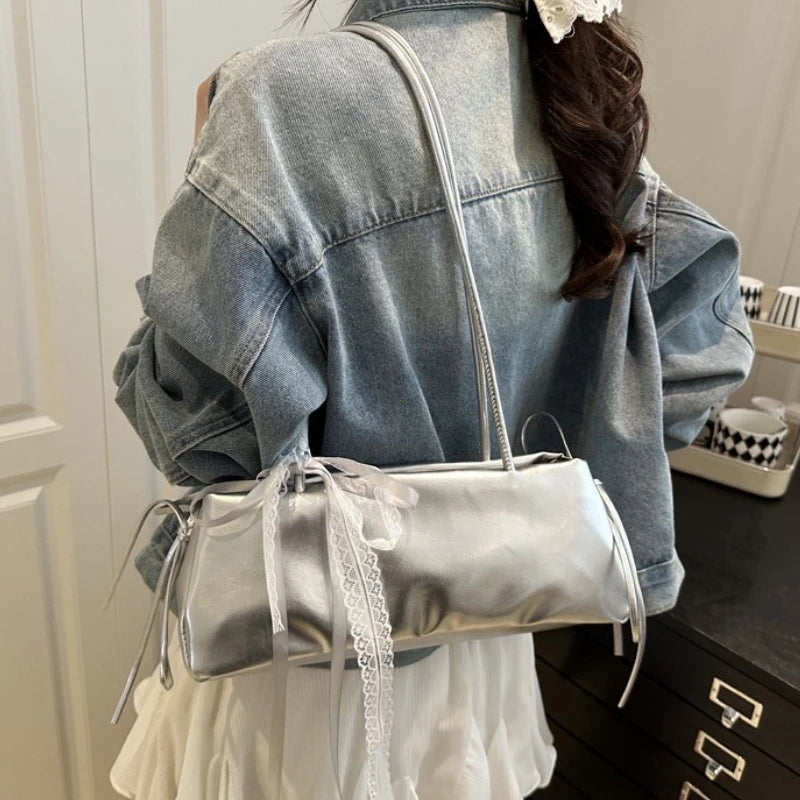 French Elegant Square Bag Korean Bow Decoration Pu High-quality Bag Niche Simple Ballet Style Shoulder Bag New Casual Women Bags