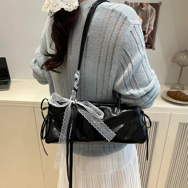 French Elegant Square Bag Korean Bow Decoration Pu High-quality Bag Niche Simple Ballet Style Shoulder Bag New Casual Women Bags