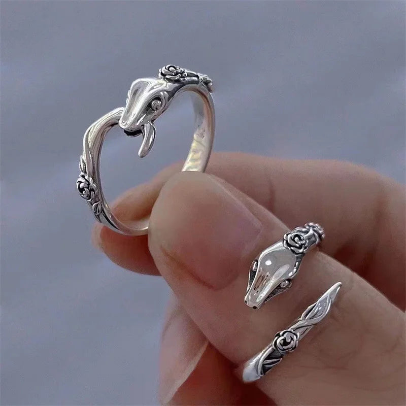 Vintage Handmade Snake Rings Women Fashion Simple Rose Flower Snake Finger Open Ring For Party Birthday Jewelry Gift