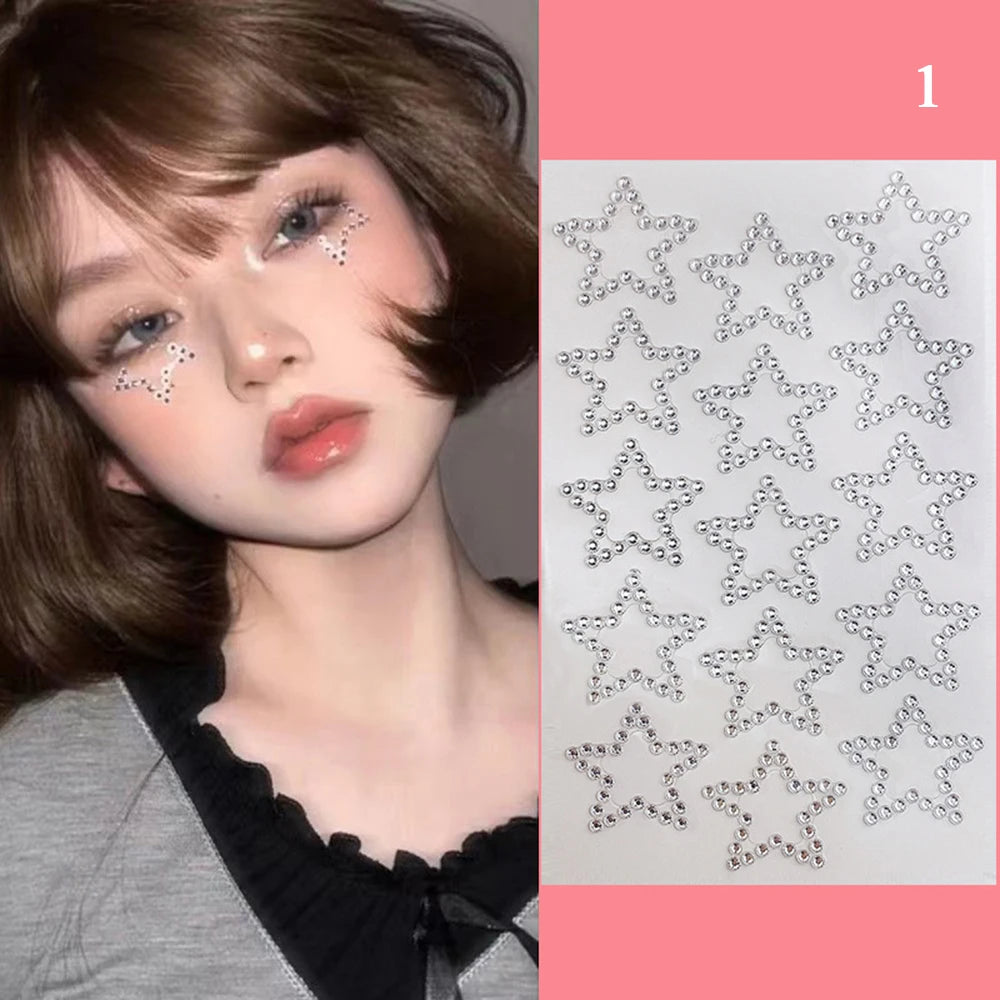 3D Rhinestone Face Sticker Pink Love Heart Glitter Makeup Sticker Artificial Pearl Patch Self Adhesive Crystal Face Jewels Tatoo