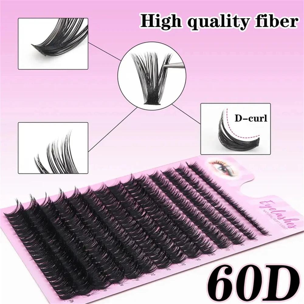 60D False Mink Eyelashes 280 Clusters D Curl Natural Eyelash Extensions Russian Strip Individual Eyelashes Makeup Tool