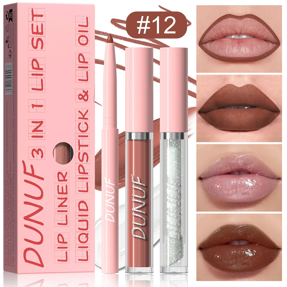 Lip Gloss Lip Liner Lip Oil 3pc/set: Matte Lipstick Waterproof Moisturizing Long Lasting Nude Y2K Christmas Valentine's Day Gift