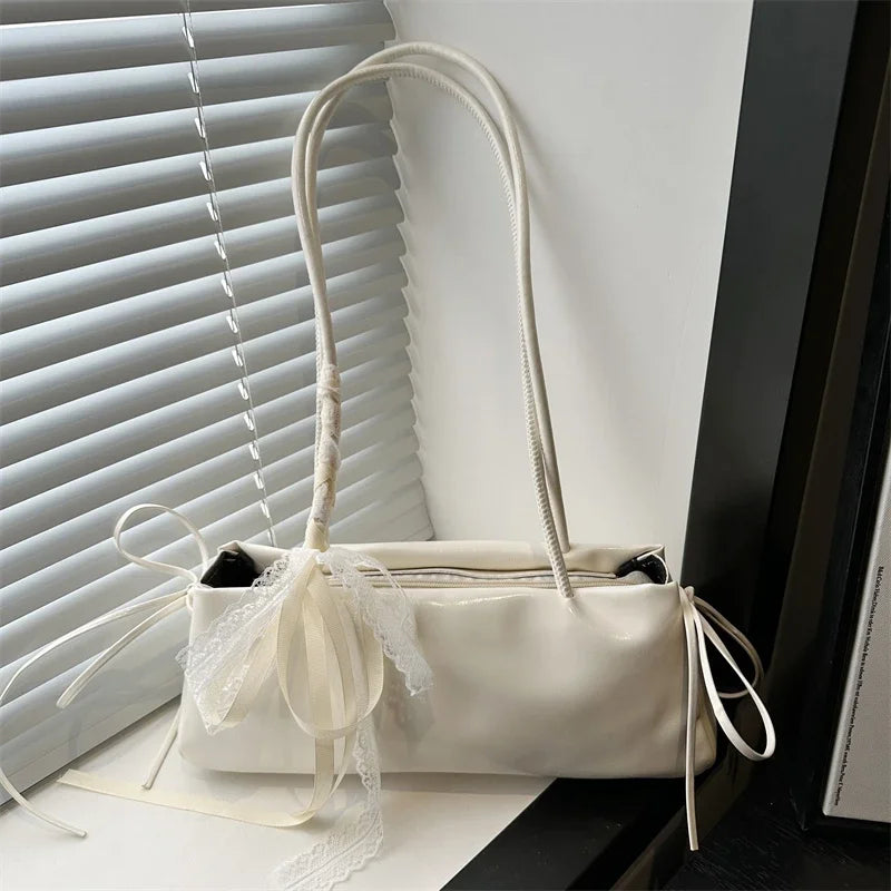 French Elegant Square Bag Korean Bow Decoration Pu High-quality Bag Niche Simple Ballet Style Shoulder Bag New Casual Women Bags
