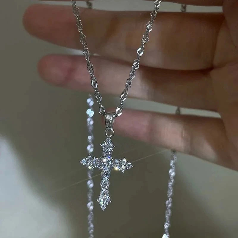 Shiny Crystal Zircon Cross Pendant Necklace for Women Girls Punk Silver Color Thin Chain Necklace Party Jewelry Birthday Gift