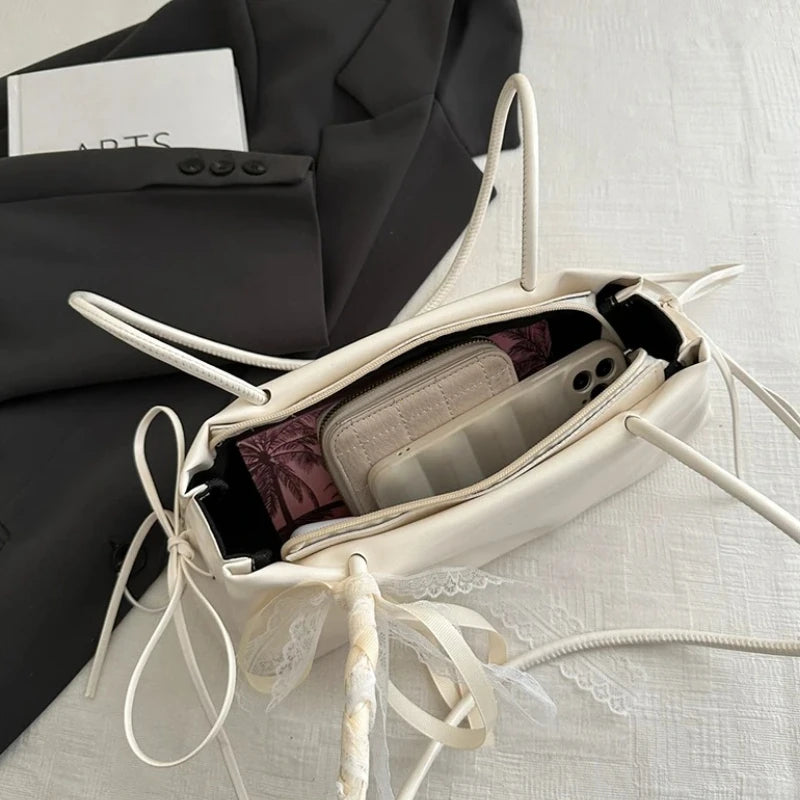 French Elegant Square Bag Korean Bow Decoration Pu High-quality Bag Niche Simple Ballet Style Shoulder Bag New Casual Women Bags