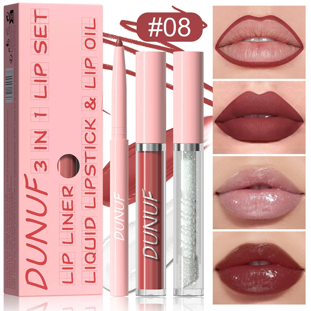 Lip Gloss Lip Liner Lip Oil 3pc/set: Matte Lipstick Waterproof Moisturizing Long Lasting Nude Y2K Christmas Valentine's Day Gift