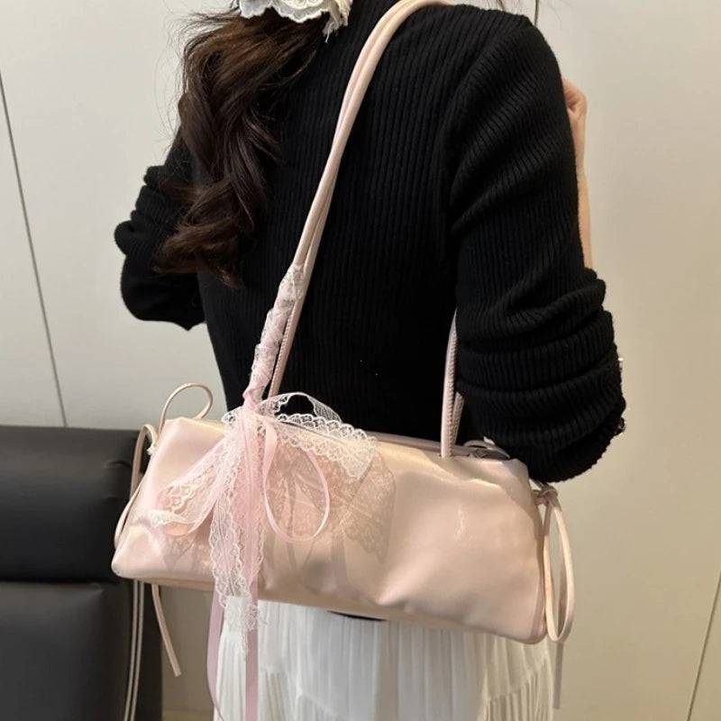 French Elegant Square Bag Korean Bow Decoration Pu High-quality Bag Niche Simple Ballet Style Shoulder Bag New Casual Women Bags
