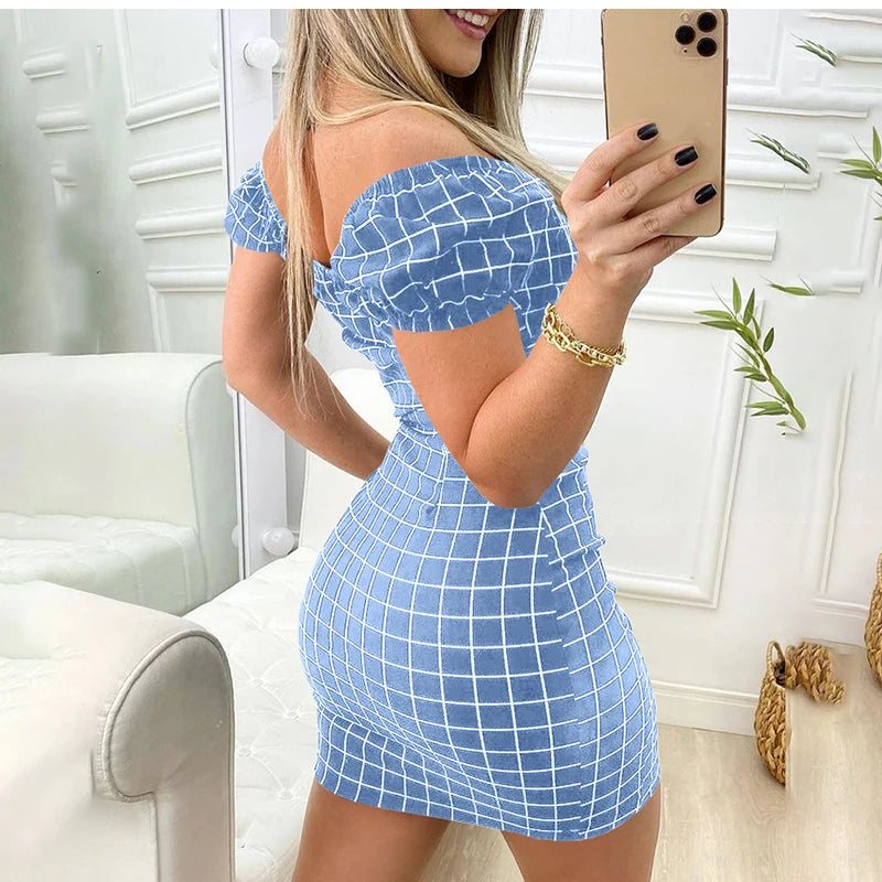 2026 Summer Sexy Off Shoulder Mini Dress Women Fashion Casual Plaid Dresses Bodycon Beach Boho Party Dress For Women Robe Femme