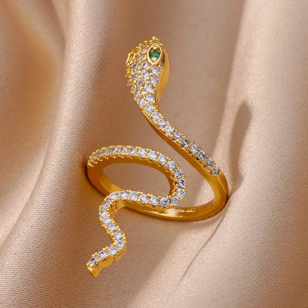 Snake Shaped Rings For Women Gold Color Stainless Steel Luxury Rhinestone Zircon Snake Rings Aesthetic Jewelry Accessories