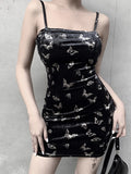 Harajuku Black Dress Women Gothic Spaghetti Strap Backless Off Shoulder Dresses Female Fashion Casual Print Sexy Dress