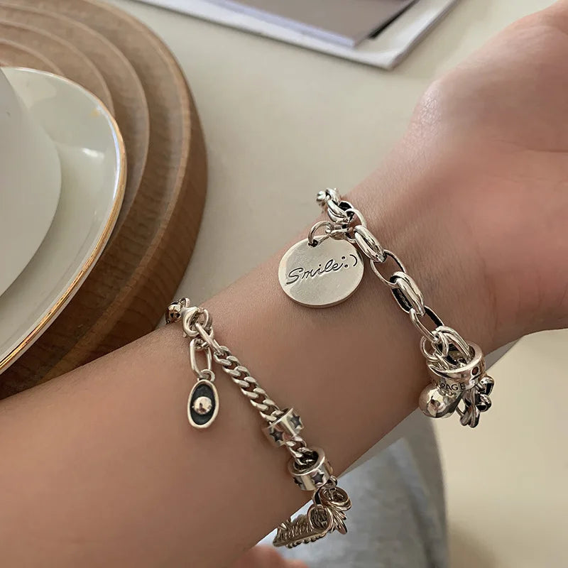 925 Sterling Silver Thai Silver Bracelet for Women Vintage Geometric Heart Love Lucky Punk Jewelry 2025 New Jewelry Accessories